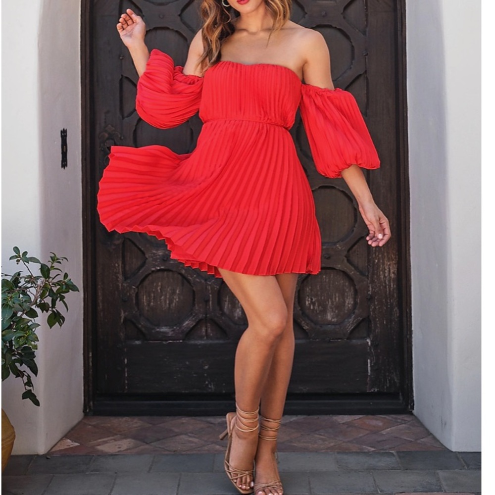 Pleated belted off the shoulder trapeze dress